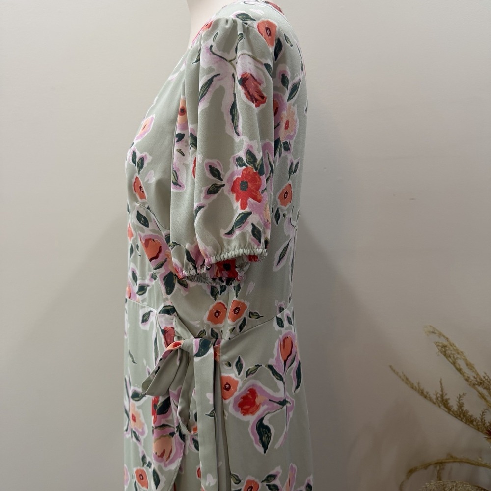 LC Lauren Conrad Size Large Sage Green Floral Faux-Wrap Midi Dress Cottagecore - Picture 8 of 15